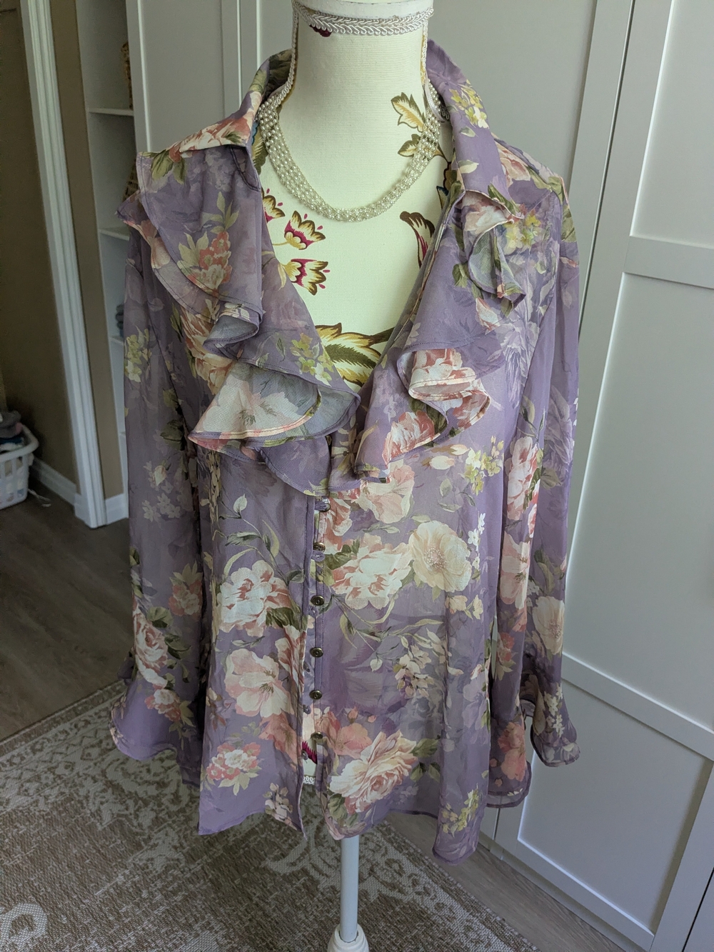 Zara Lavender Floral Ruffle Blouse with Pastel Blooms